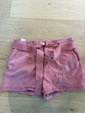 PAIGE Mauve-Pink High-Rise Belted Jean Shorts